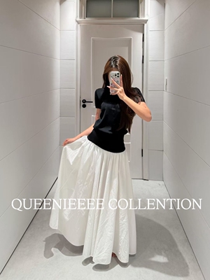 QUEENIE2026年春季 新款撞色裙腰A字型半身裙刺绣复古弹力腰半裙