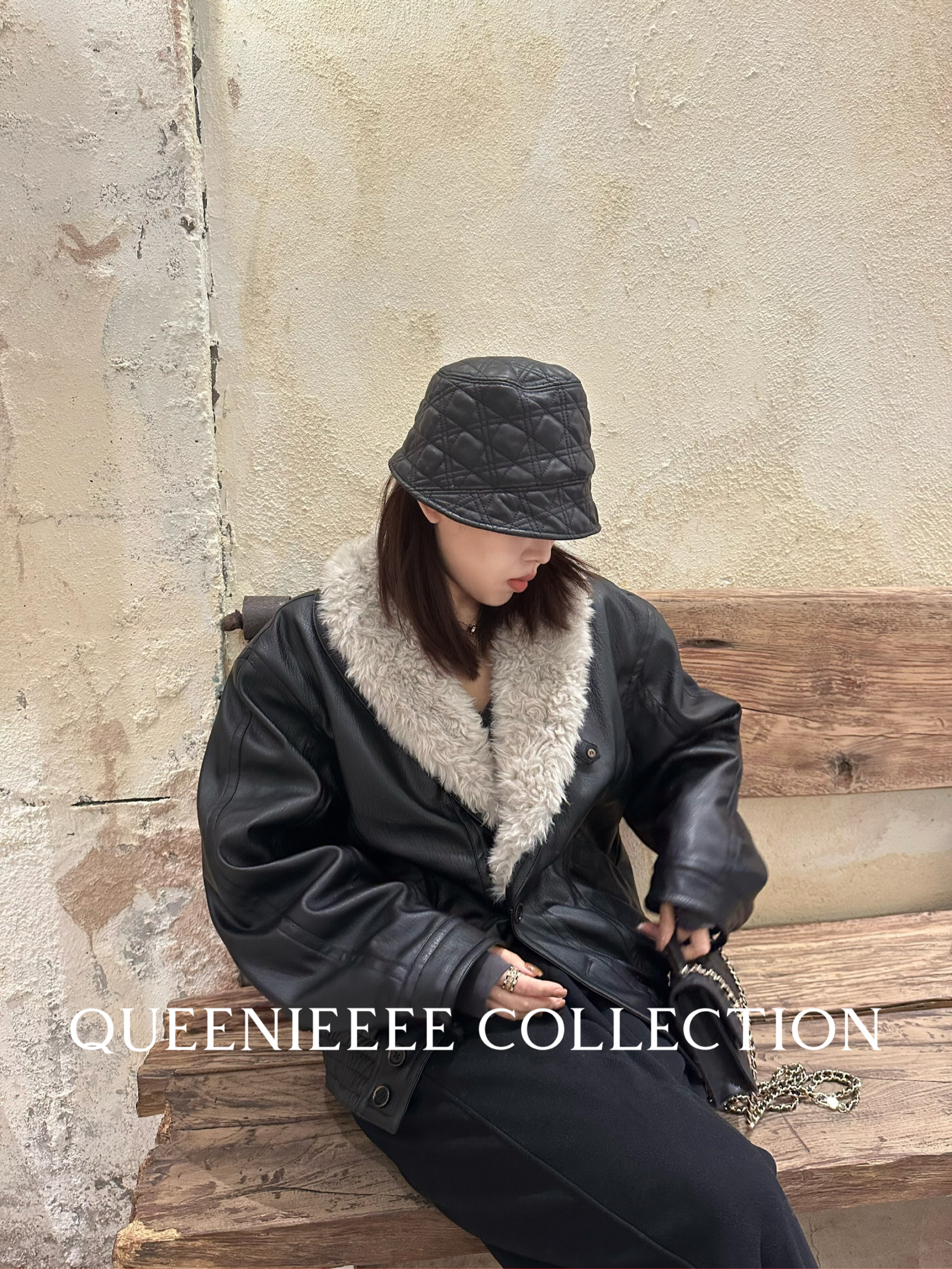 QUEENIE2025冬季新款 时髦复古环保pu皮保暖毛领夹棉皮夹克外套女