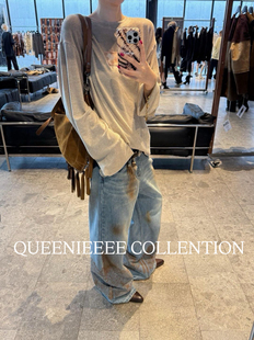 QUEENIE2026早春新款 ICE蕾丝印花做旧脏脏直筒牛仔裤春季新款女