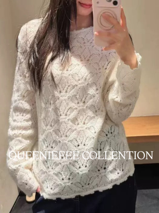 QUEENIE2026早春新款镂空钩花亮片罩衫时髦法式针织衫女上衣