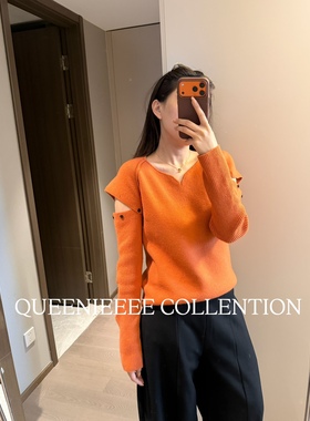 QUEENIE2026新款 韩国设计师款可拆卸袖V领羊毛针织橙色显白毛衣