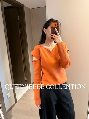 QUEENIE2026新款 韩国设计师款可拆卸袖V领羊毛针织橙色显白毛衣