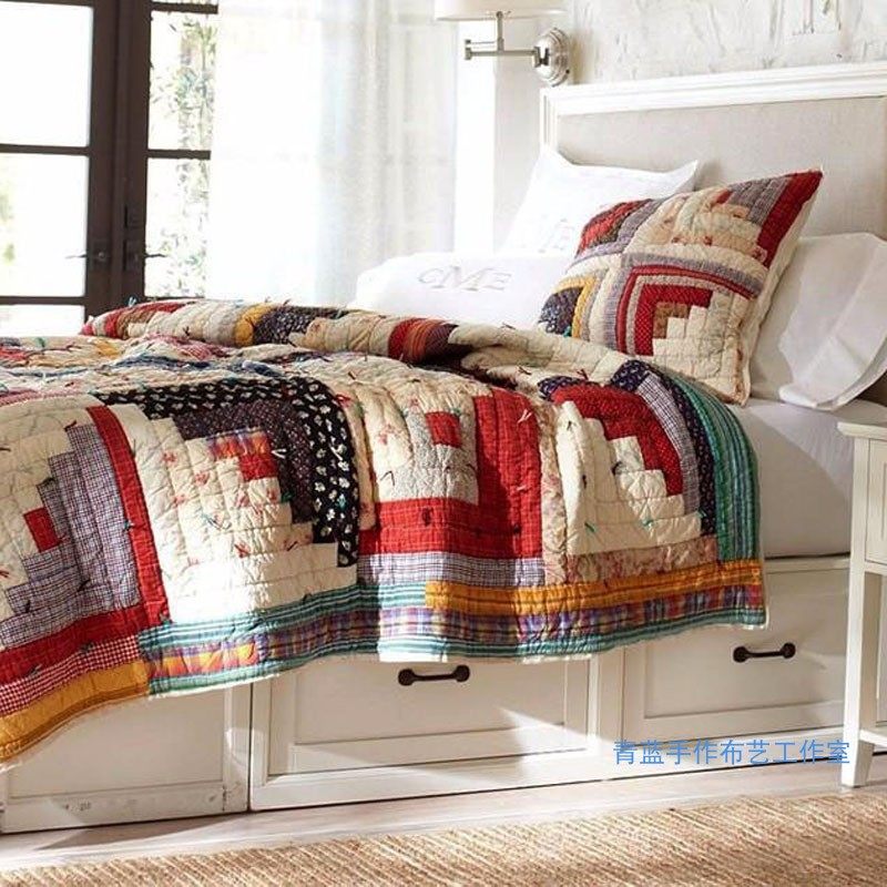 布侬美式乡村拼布被红色复古床品三件套手工被全棉床盖被套绗缝被