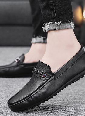 软面豆豆男鞋夏季黑色商务男士休闲皮鞋一脚蹬开车软底工作潮鞋子