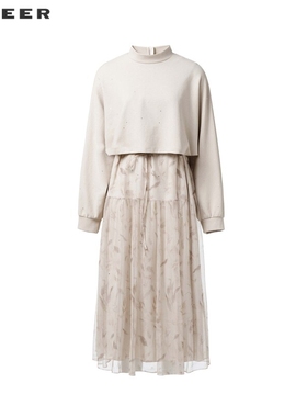 【一一专属】优雅印花网纱收腰连衣裙套装S243Z1427