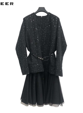 【一一专属】圆领格纹收腰网纱连衣裙套装S233Z1450