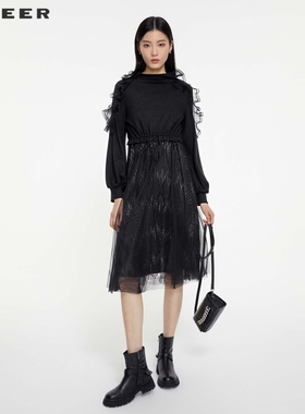 【一一专属】圆领荷叶边条纹收腰网纱连衣裙S231Z1213