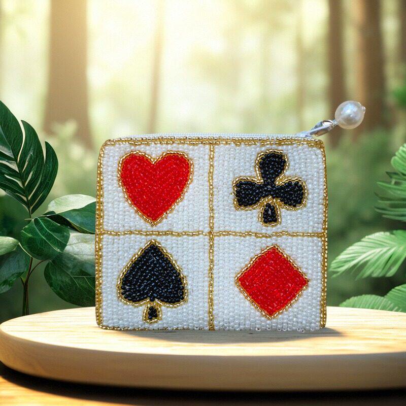 简单精致珠绣零钱包女士民族风扑克包手工串珠包方形小钱包横款