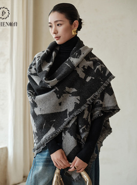 撞色羊绒毯100山羊绒水墨提花四季可用秋冬针织大披肩JFNZ-000135