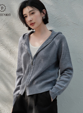帕什羊绒衫女开衫25秋冬新扭花连帽厚拉链针织毛衣外套JFNZ000087