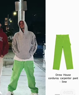 Dre JustinBieber 猪窝笑脸 莱姆绿灯芯绒直筒长裤 男女明星同款