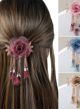 冬季新款女士时尚通勤发夹复古绢纱花朵步摇吊坠大抓夹超仙螃蟹夹