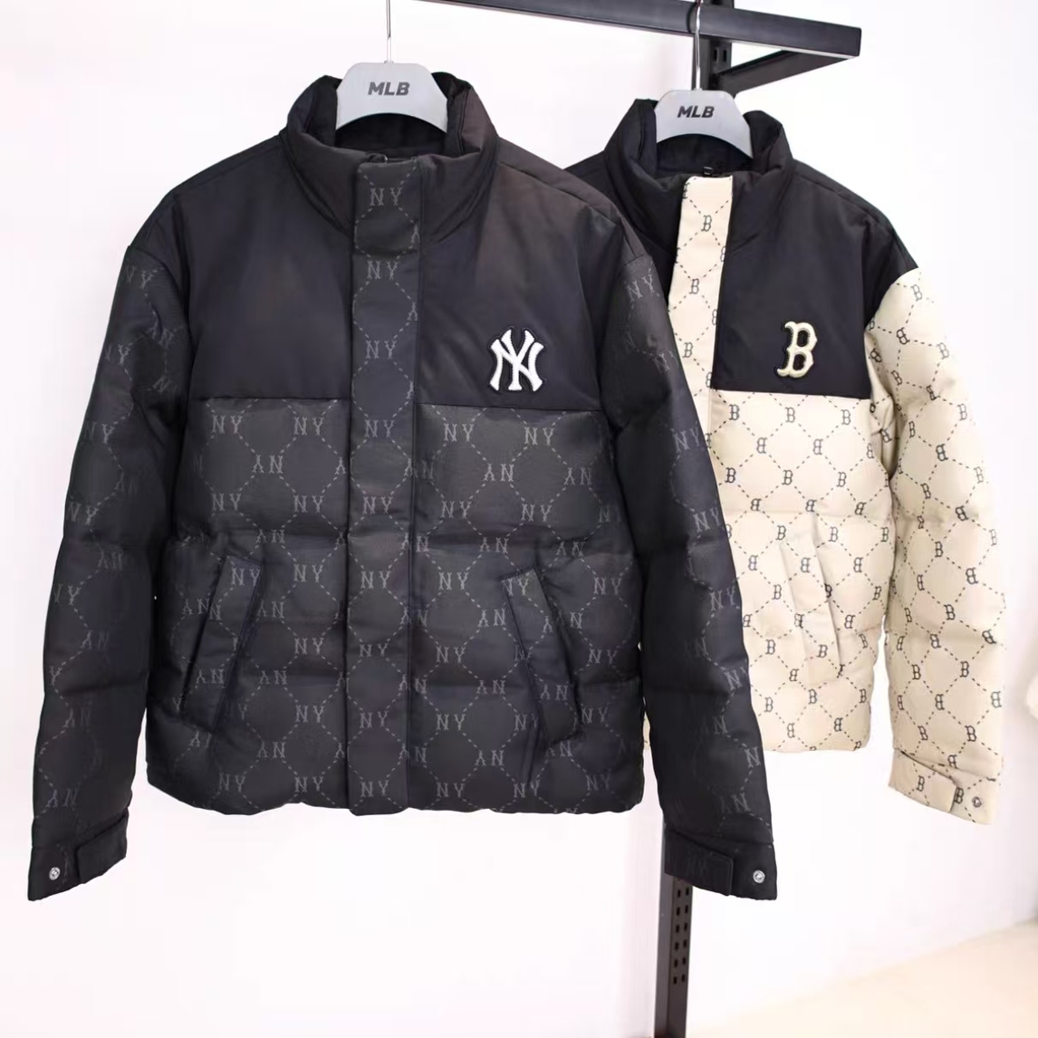 MLB25冬季新NY钻石老花男女拼接运动立领保暖羽绒服外套3ADJM0256