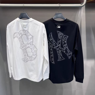 MLB25新款男女NY复古大标印花防情侣长袖晒圆领运动T恤3ATSB0554