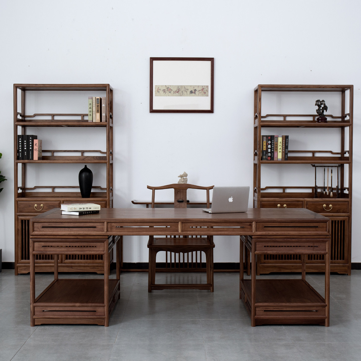 新中式书桌实木禅意书房画案榆木办公桌黑胡桃书法桌书画桌家具