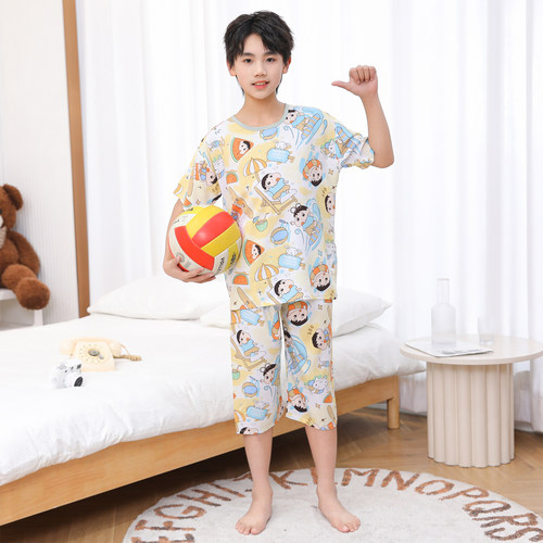 儿童棉绸睡衣薄款棉绸空调服春夏中大童宝宝男童女童中袖家居服