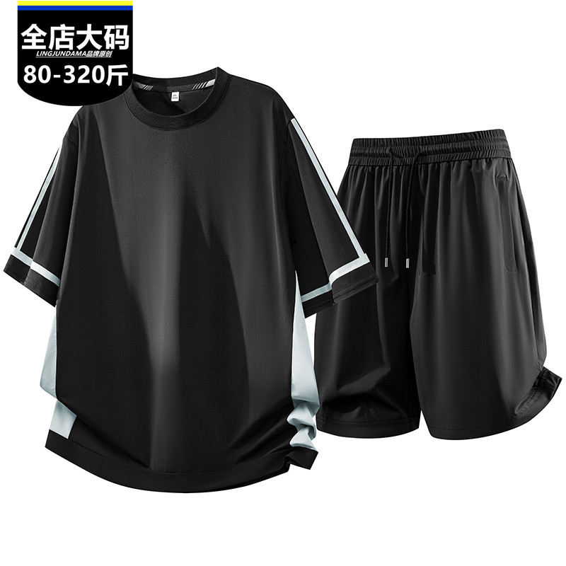 加肥加大码肥佬男装运动服夏季短袖短裤冰丝套装跑步健身两件套潮