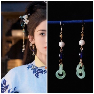 玉茗茶骨娜扎荣善宝同款耳环仿玉双环同心环新中式明清制汉服耳坠