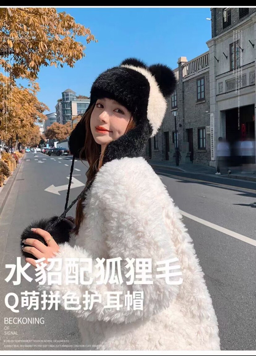 卡通小熊水貂毛编织护耳帽子女可帽子