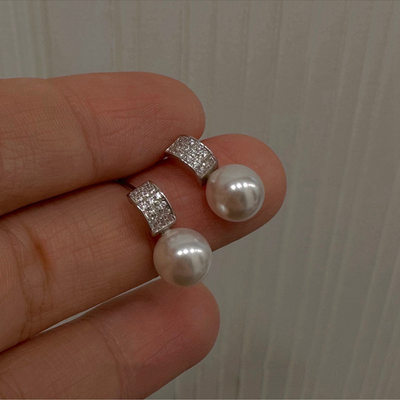 925纯银贝壳珍珠镶钻耳钉女简约精致气质小众设计感C型耳环E0074A