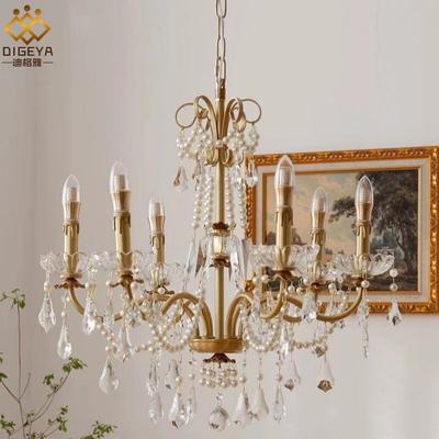 法式复古黄铜珍珠水晶蜡烛餐厅卧室吊灯欧式浪漫别墅客厅黄铜大灯