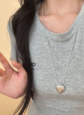 博主同款韩国ins简约长款抽拉链肌理感爱心可调节珠珠项链高级感