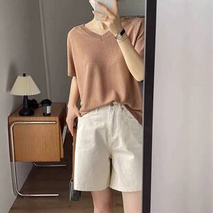 美式复古高腰牛仔短裤女夏季学生气质通勤时尚简约外穿直筒五分裤