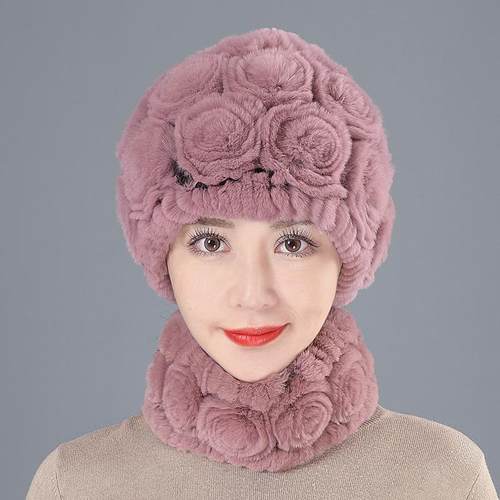 女秋冬季保暖帽子妈妈时尚护耳帽皮草獭兔毛围巾套装加厚