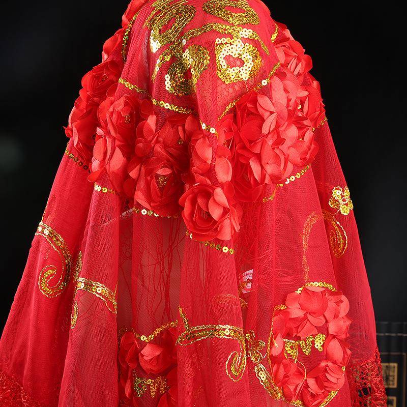 婚庆结婚喜庆用品新娘大红桃心玫瑰花盖头刺绣流苏头巾披肩