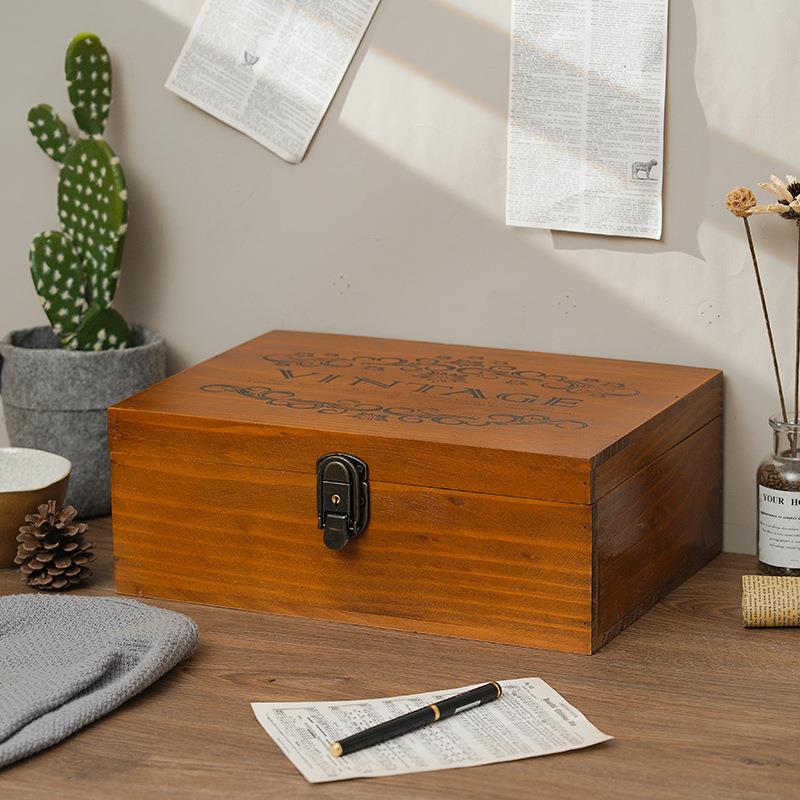 复古色带盖收纳木盒 家居收纳带锁木盒 首饰项链耳环整理收纳盒子
