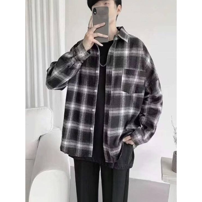 黑色青少年宽松秋装新款磨毛格子长袖衬衫男修身宽松百搭休闲衬衣