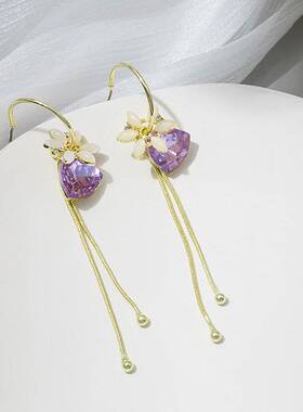 银针甜美花卉紫色蝴蝶水晶流苏耳钉女 超仙气质镶钻爱心合集饰品