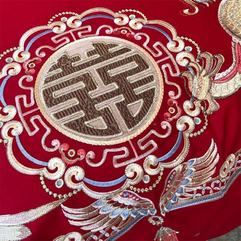 GZ6M中式龙凤刺绣婚庆四件套纯棉大红色被套床单全棉结婚床上用品
