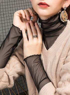 薄款打底衫2024早春高领网纱女内搭纱衣大码黑色堆堆领蕾丝衫上衣