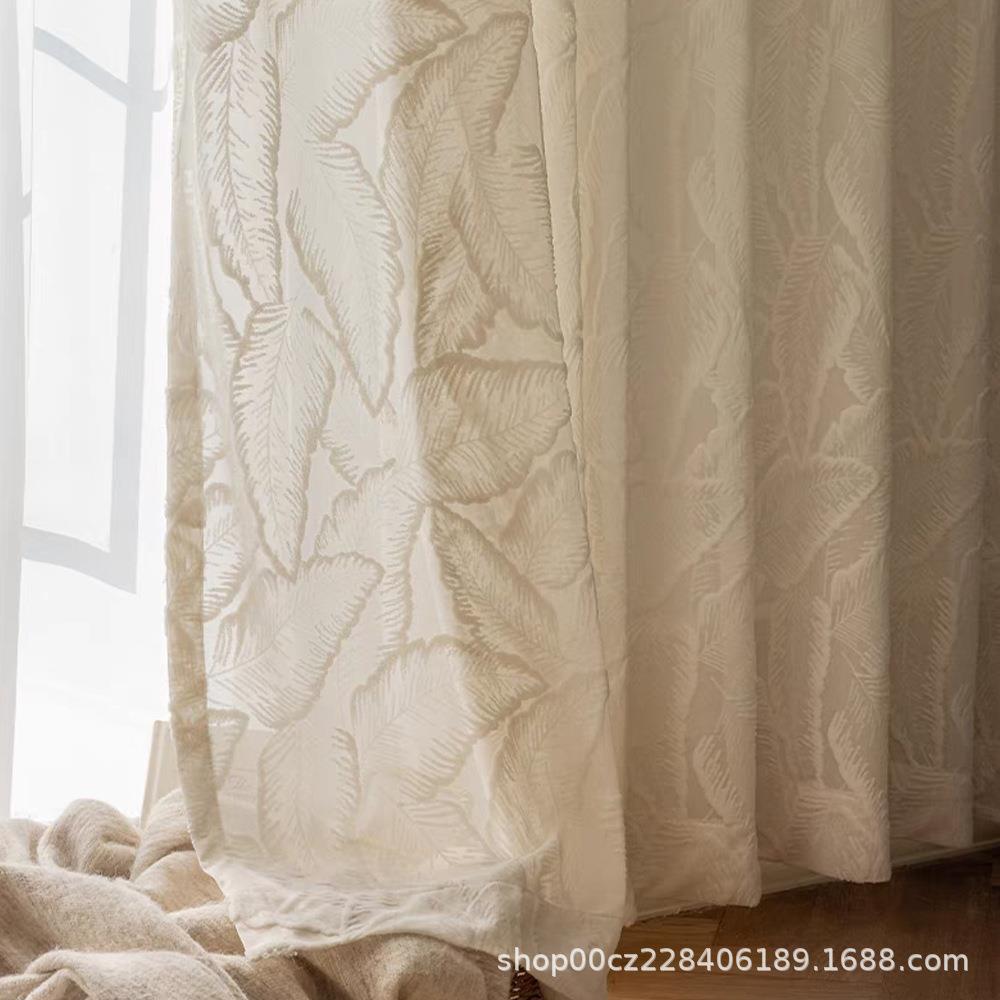 法式轻奢浮雕奶油客厅阳台卧室透光不透人大叶子白棕榈叶纱帘窗纱