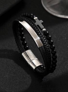 跨境欧美个性时尚百搭叠戴皮革不锈钢手镯男士手镯网红ins风首饰