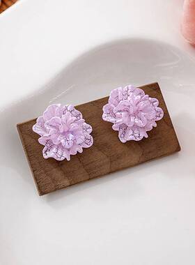 银针森气白色花朵耳环 小众温柔甜美山茶花耳钉高级设计裂纹耳饰