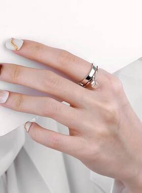 简约双层创意小方块戒指小众时尚潮流嘻哈朋克风开口食指环轻奢