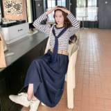 休闲披肩条纹长袖T恤半身裙套装女秋季2025新款两件套休闲小个子，女装套装/套裙，2C289
