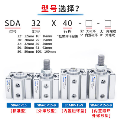 SDA带磁薄型气缸SDAS20/25/32/40*5X10X15/30/50/60/70/80/100-S