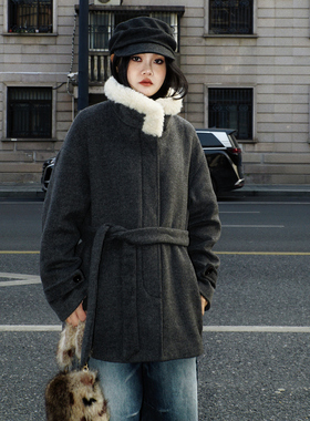 zopiclone“灰色柏林”毛毛翻领双门襟腰带毛呢中长款复古外套冬