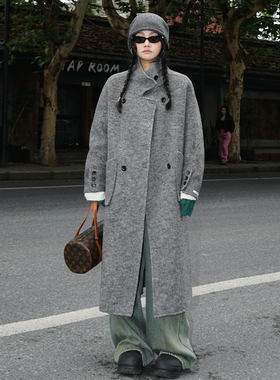 zopiclone 经典款韩系时髦立领双排扣斜口袋手工羊毛双面呢大衣