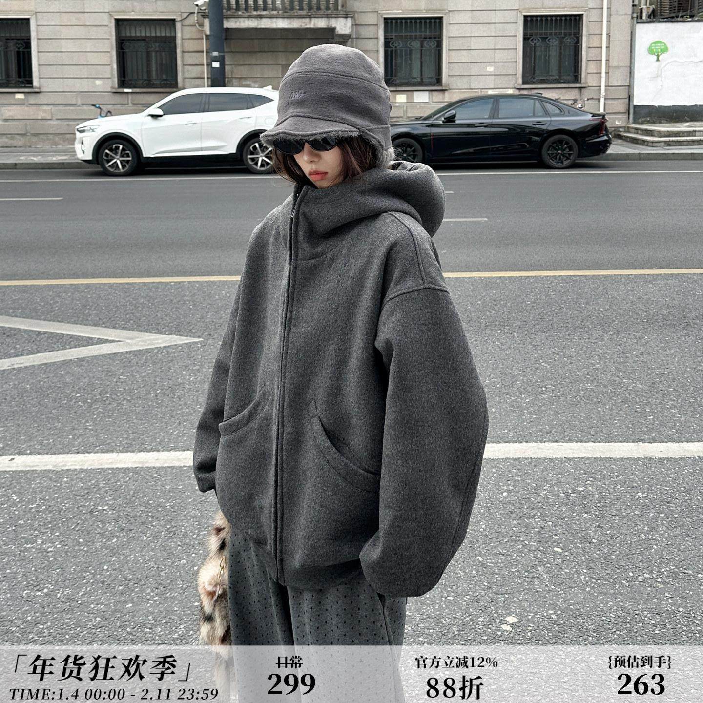 zopiclone保暖宽松廓形连帽拉链羊毛呢短款男友毛呢卫衣