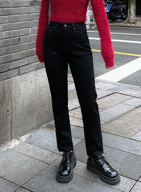 zopiclone入店bi备升级款小黑裤显瘦直筒高腰加绒保暖九分牛仔裤
