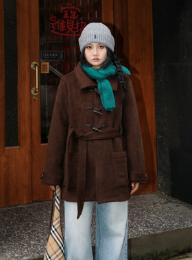 zopiclone毛呢福利限定牛角扣学院风翻领中长款宽松羊毛大衣冬女