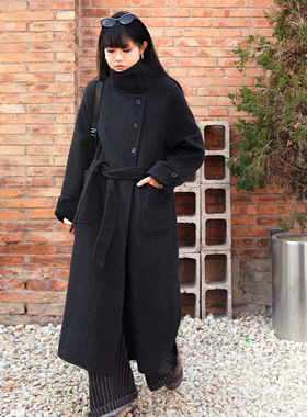 zopiclone秋冬斜襟立领过膝长款双面羊毛呢插肩袖大衣