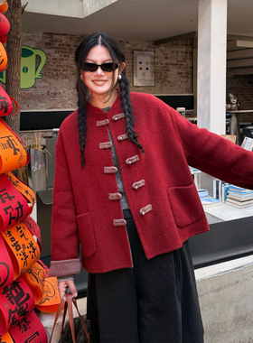 zopiclone【新年战衣】复古红双色双面新中式盘扣羊毛短外套