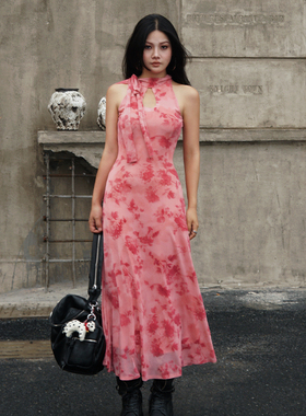 zopiclone 复古新中式两面穿侧飘带花朵提花网纱修身显瘦长连衣裙