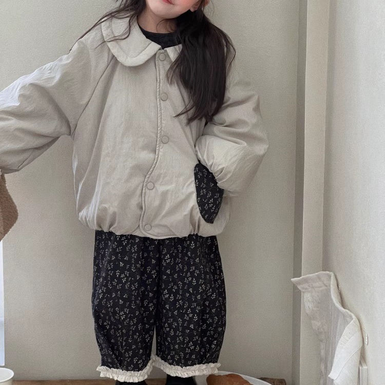 鲍小鱼冬款女童韩国ins复古森系夹棉翻领棉服外套加绒碎花灯笼裤