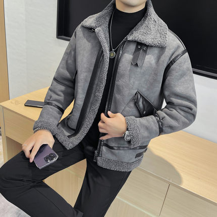 秋冬季针织衫衬衫领假两件男士潮流加绒修身加厚保暖韩版休闲翻领